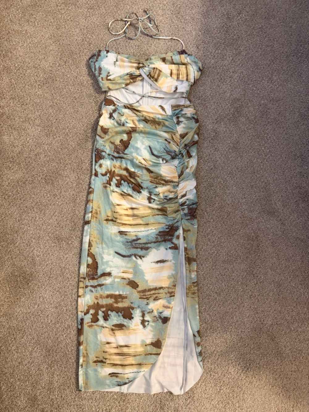 Hello Molly Aqua and Brown Strapless Ruched Maxi Dress